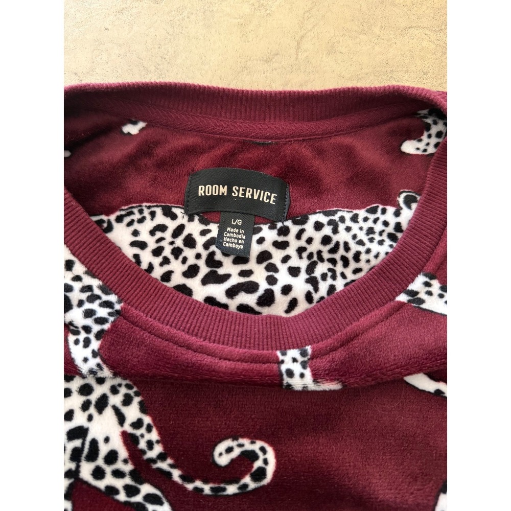 Room Service Womens Burgundy Leopard Print Velvet Pajama Set Velour Joggers L - Picture 7 of 16